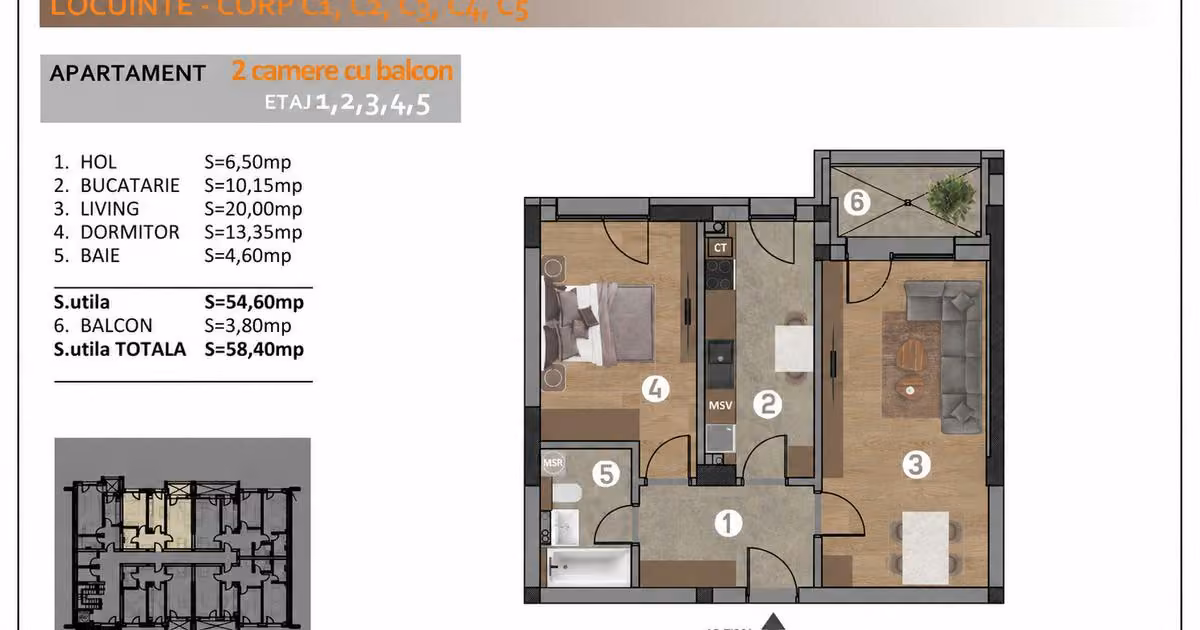 Apartament de vânzare cu 2 camere în Popești-Leordeni