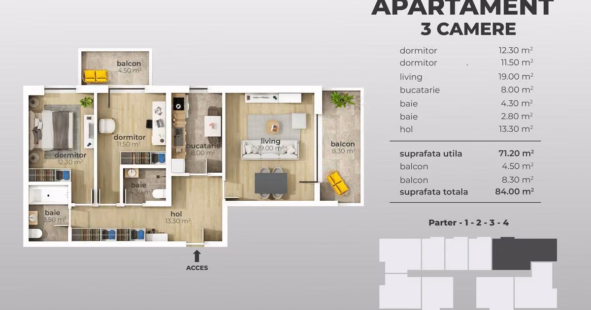 Apartament de vânzare cu 3 camere în zona Apărătorii Patriei, Sector 4