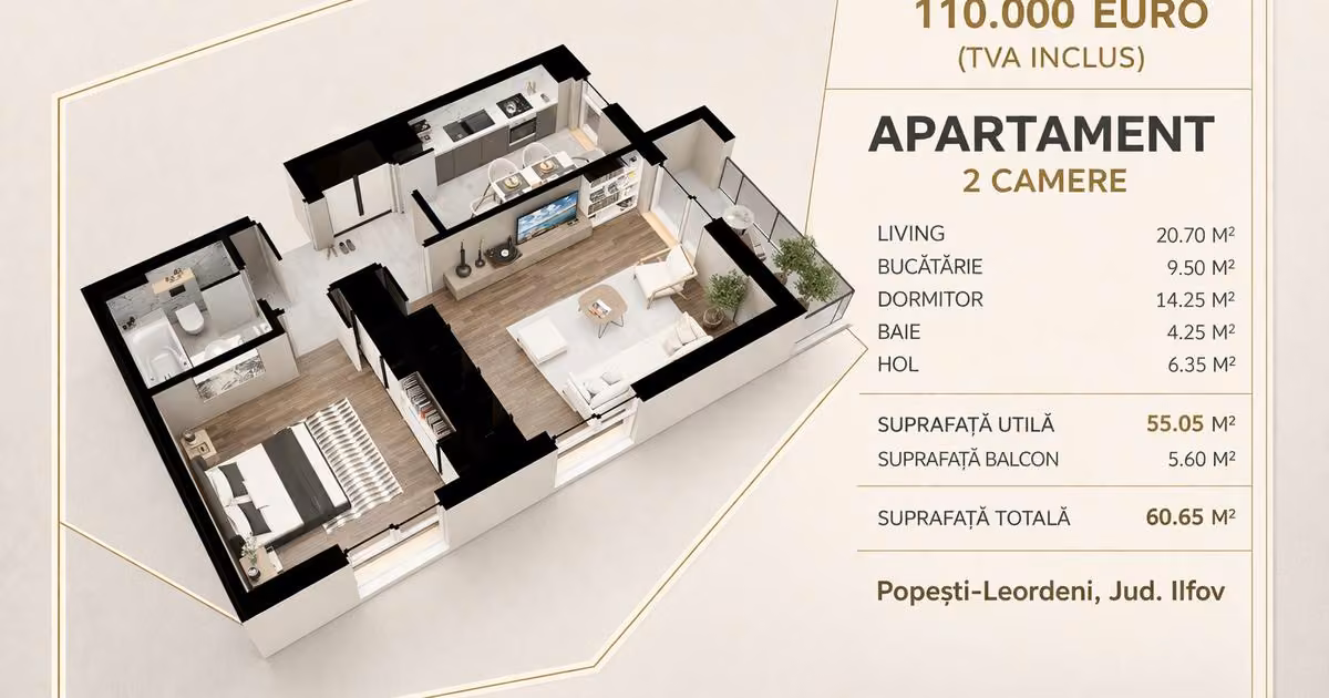 Apartament de vânzare cu 2 camere în Popești-Leordeni
