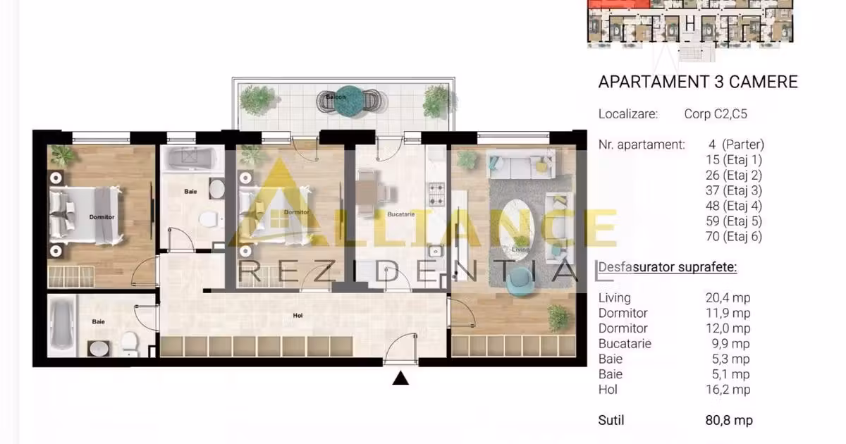 Apartament de vânzare cu 3 camere în Popești-Leordeni