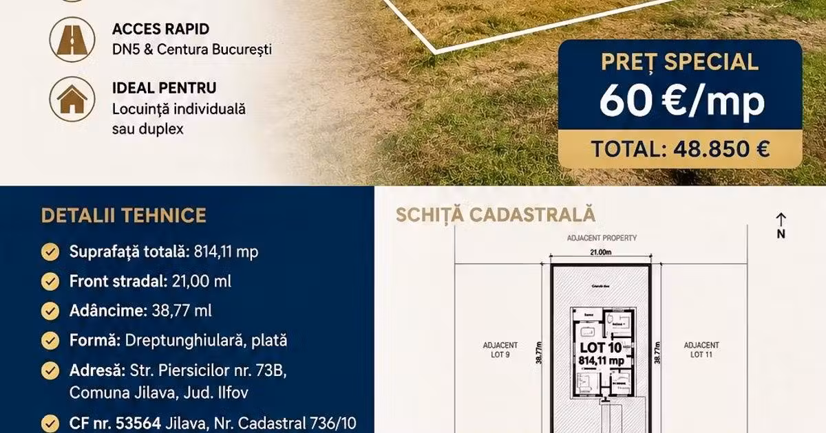 Teren Construcții intravilan de vânzare de 814 mp, în Jilava