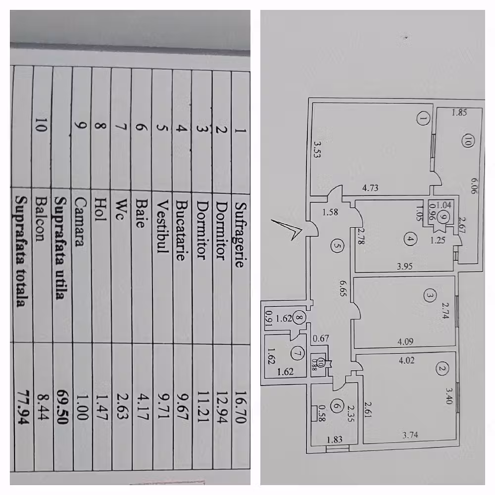 Apartament 3 camere; 77,94 mp în total, proprietar