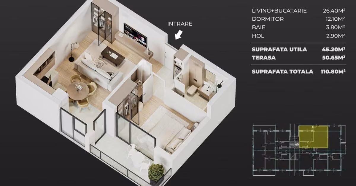 Apartament de vânzare cu 2 camere în Popești-Leordeni