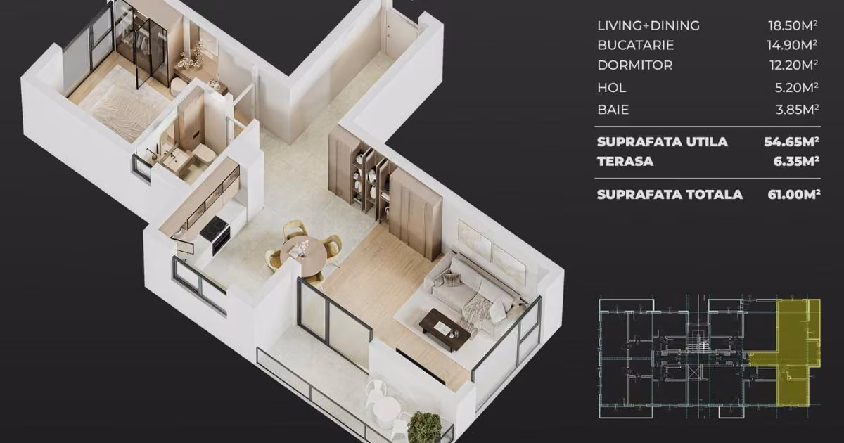 Apartament de vânzare cu 2 camere în Popești-Leordeni