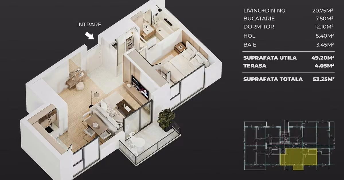 Apartament de vânzare cu 2 camere în Popești-Leordeni