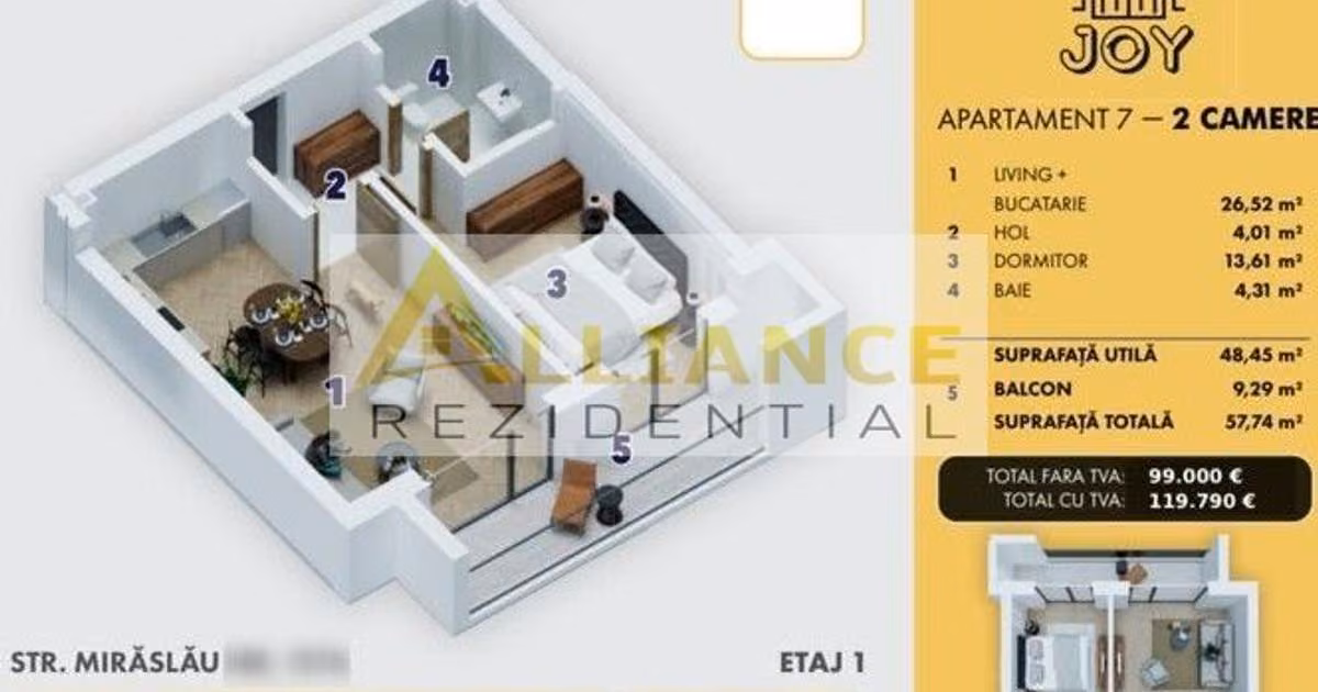 Apartament de vânzare cu 2 camere în Popești-Leordeni