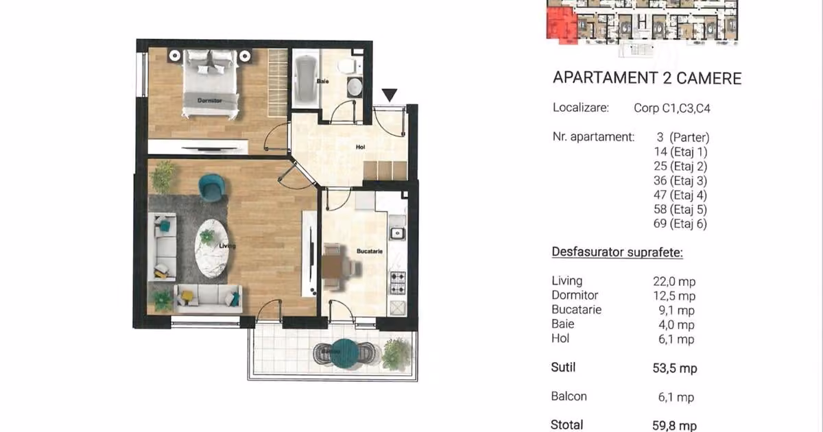 Apartament de vânzare cu 2 camere în Popești-Leordeni