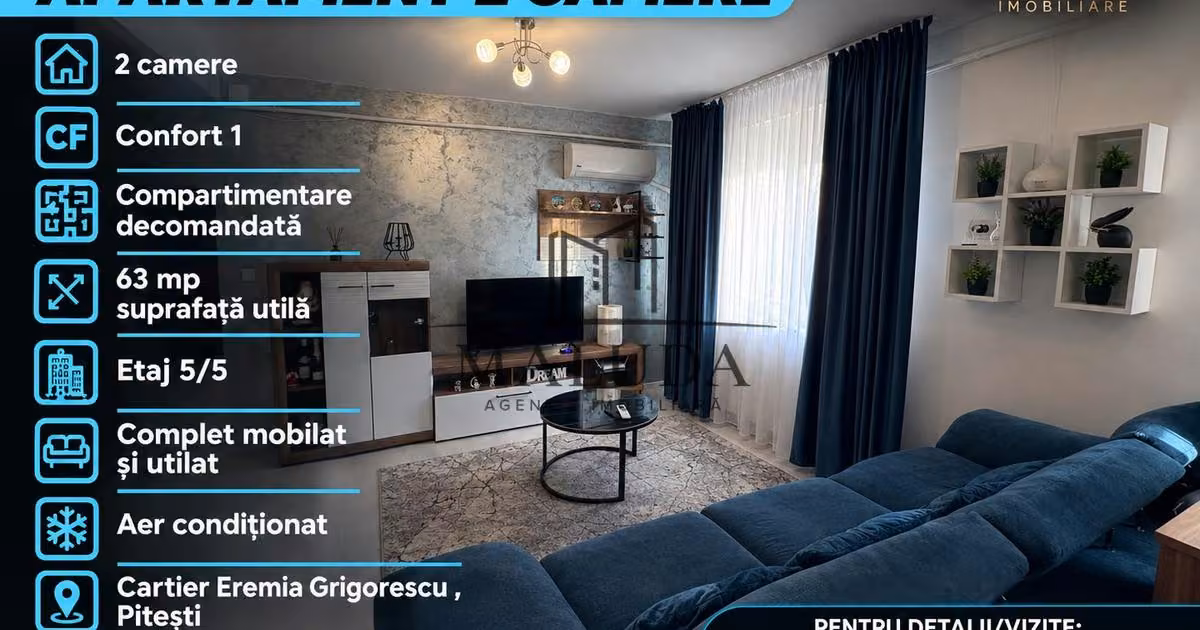 Apartament de vânzare cu 2 camere, mobilat în zona Eremia, Pitești