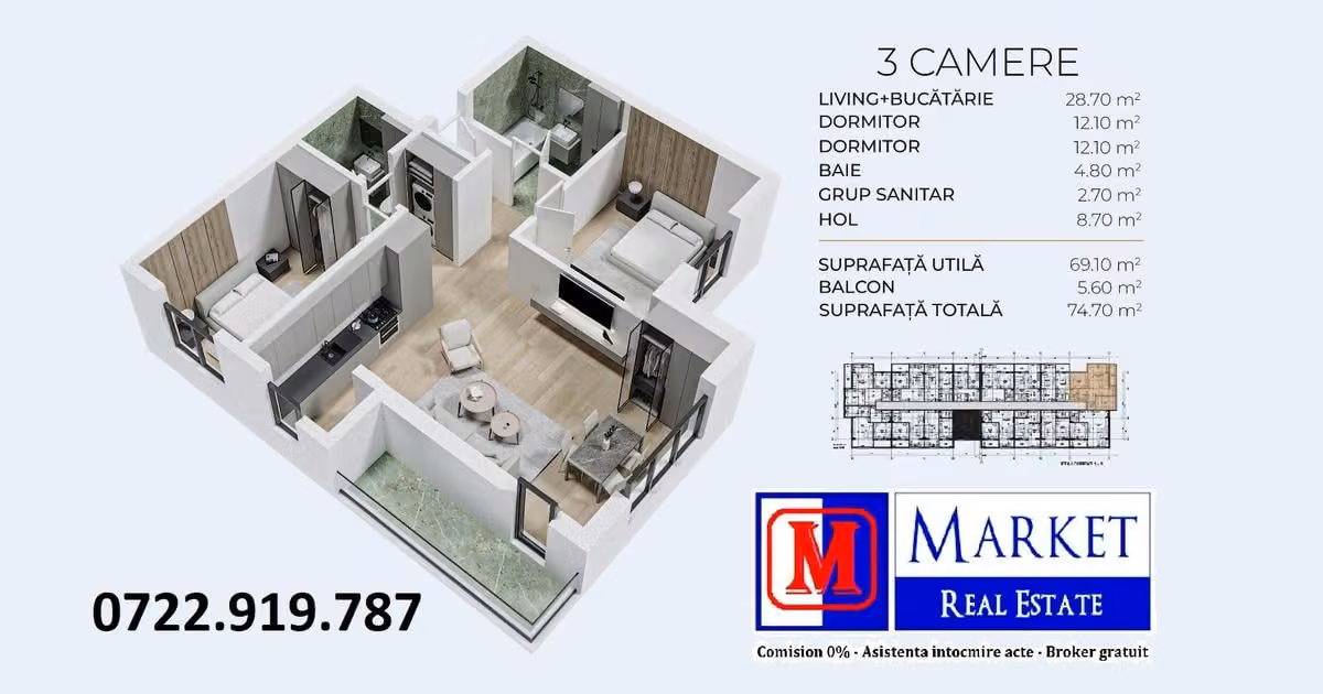 Apartament de vânzare cu 3 camere în Popești-Leordeni