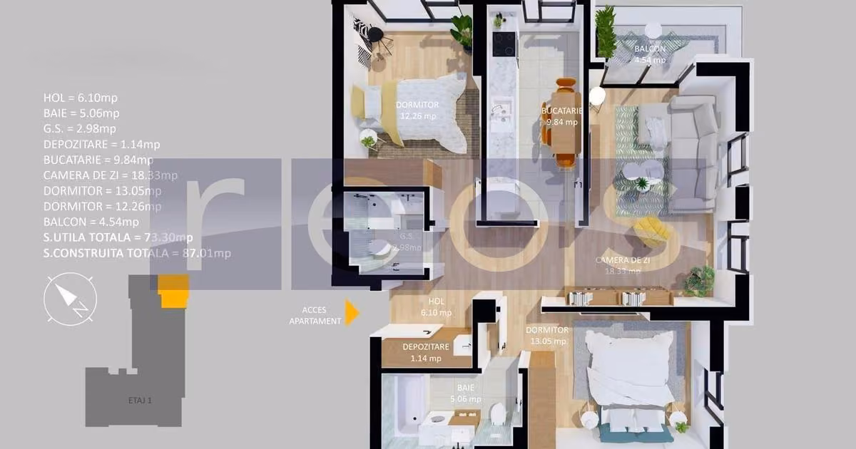 Apartament de vânzare cu 3 camere, mobilat în Voluntari