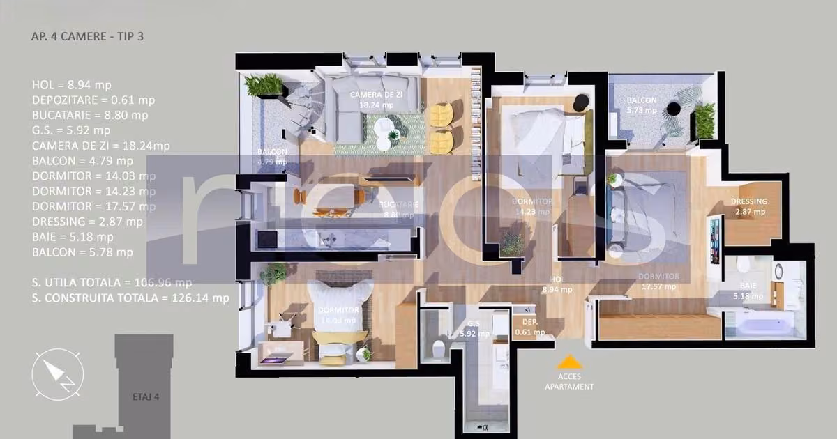 Apartament de vânzare cu 4 camere, mobilat în Voluntari