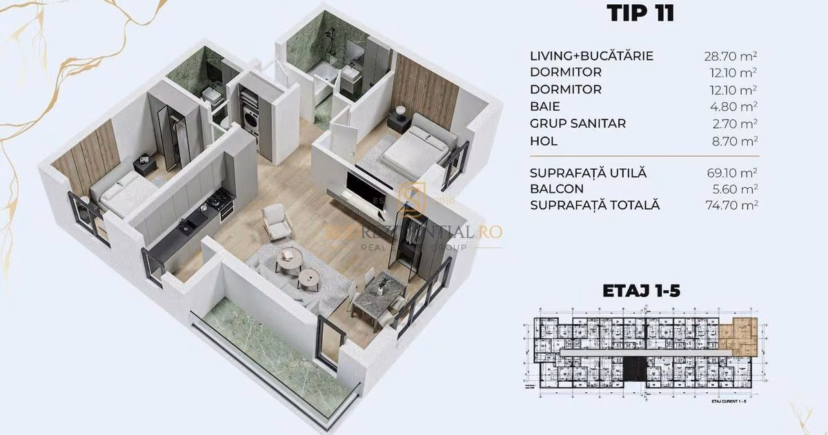 Apartament de vânzare cu 3 camere în Popești-Leordeni