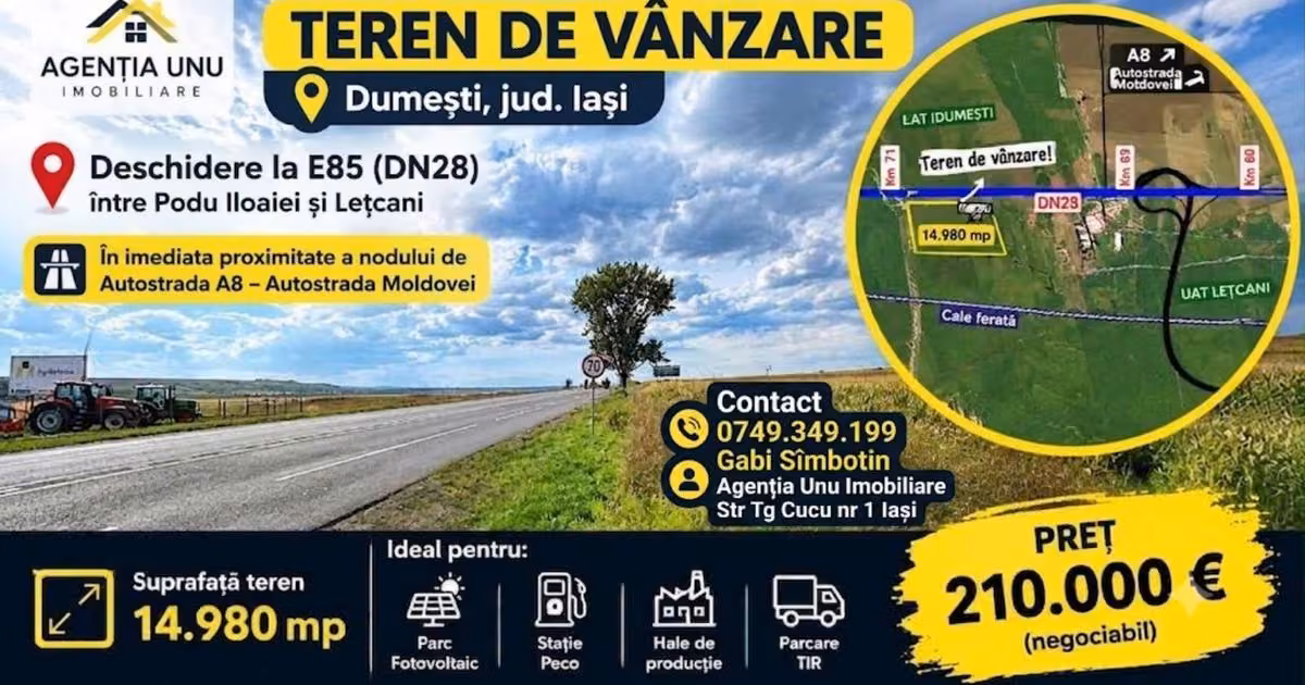 Teren agricol extravilan de vânzare de 14980 mp, în zona Central, Iași
