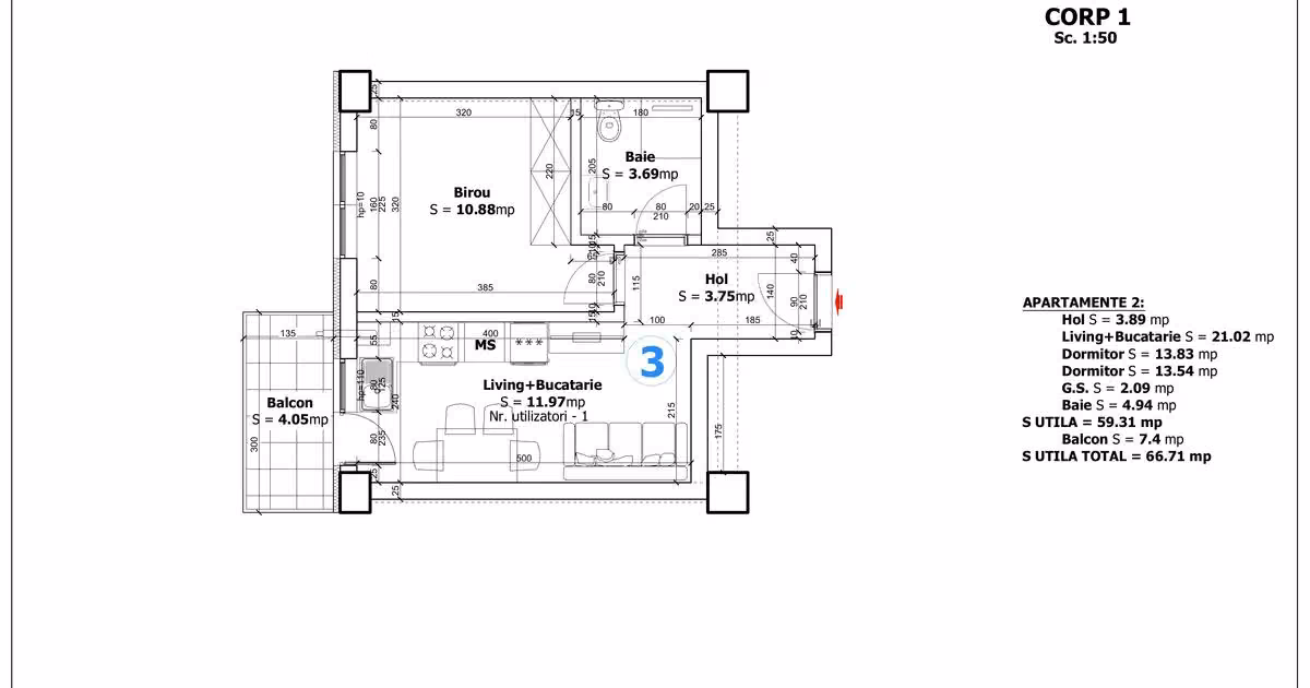 Apartament de vânzare cu 2 camere în Otopeni
