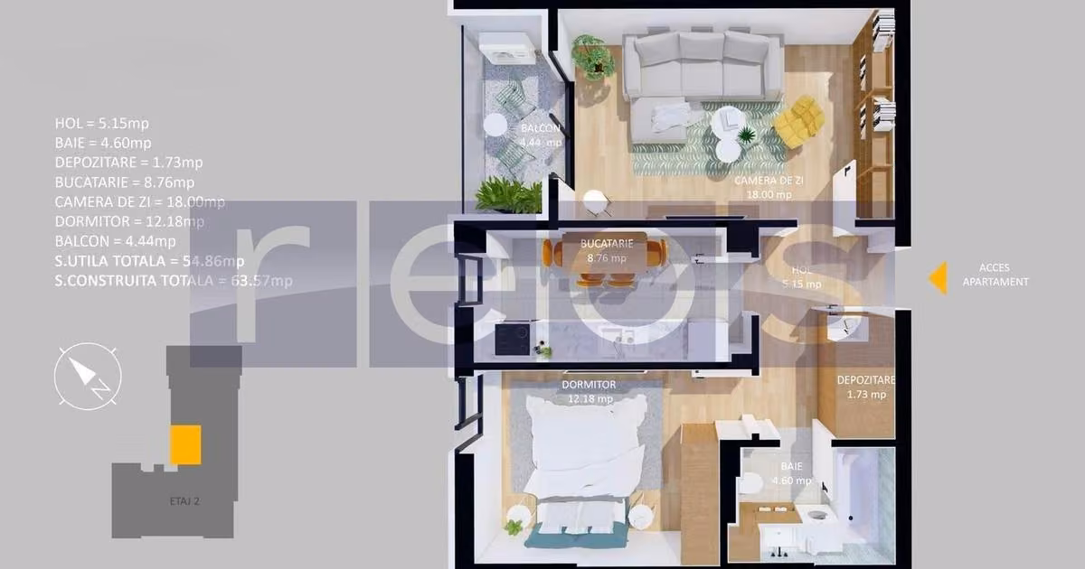 Apartament de vânzare cu 2 camere, mobilat în Voluntari