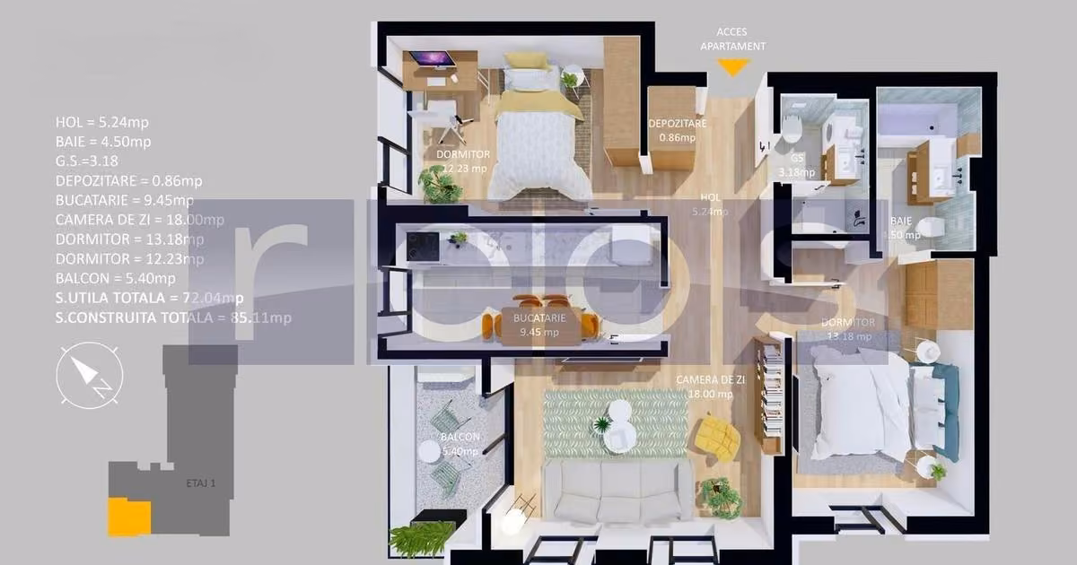 Apartament de vânzare cu 3 camere, mobilat în Voluntari