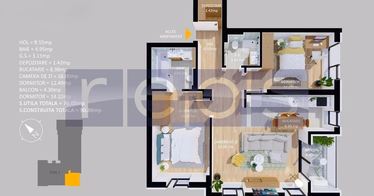 Apartament de vânzare cu 3 camere, mobilat în Voluntari