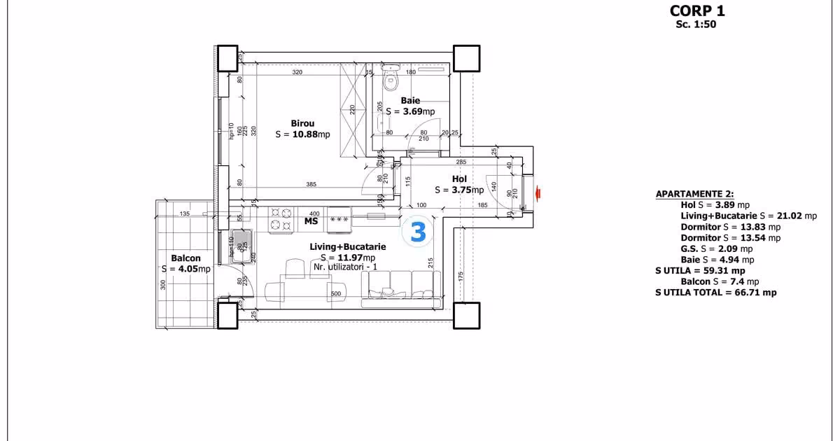 Apartament de vânzare cu 2 camere în Otopeni