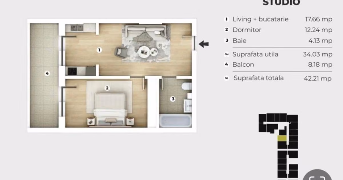 Apartament de vânzare cu 2 camere în Popești-Leordeni