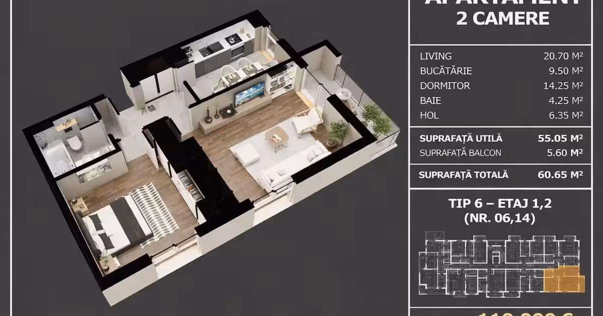 Apartament de vânzare cu 2 camere în Popești-Leordeni