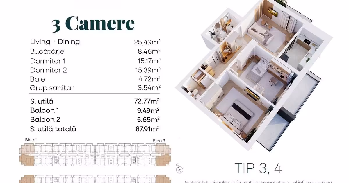 Apartament de vânzare cu 3 camere în Popești-Leordeni