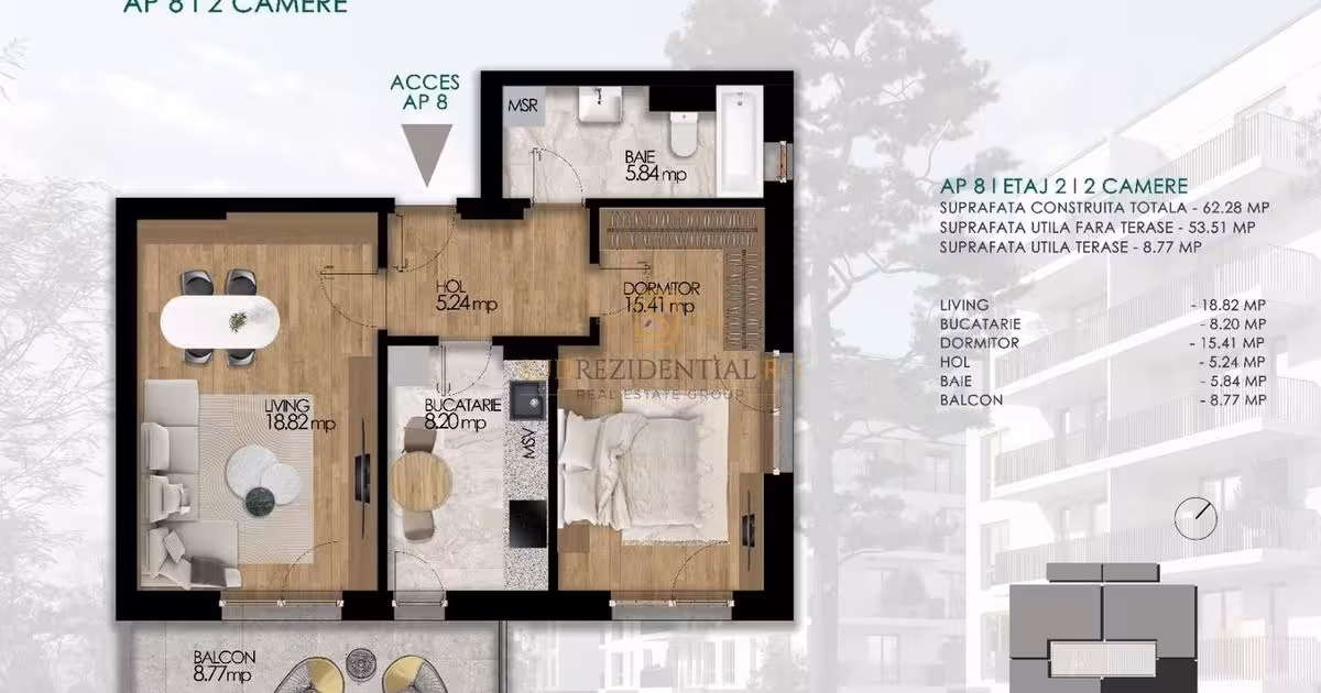 Apartament de vânzare cu 2 camere în Popești-Leordeni
