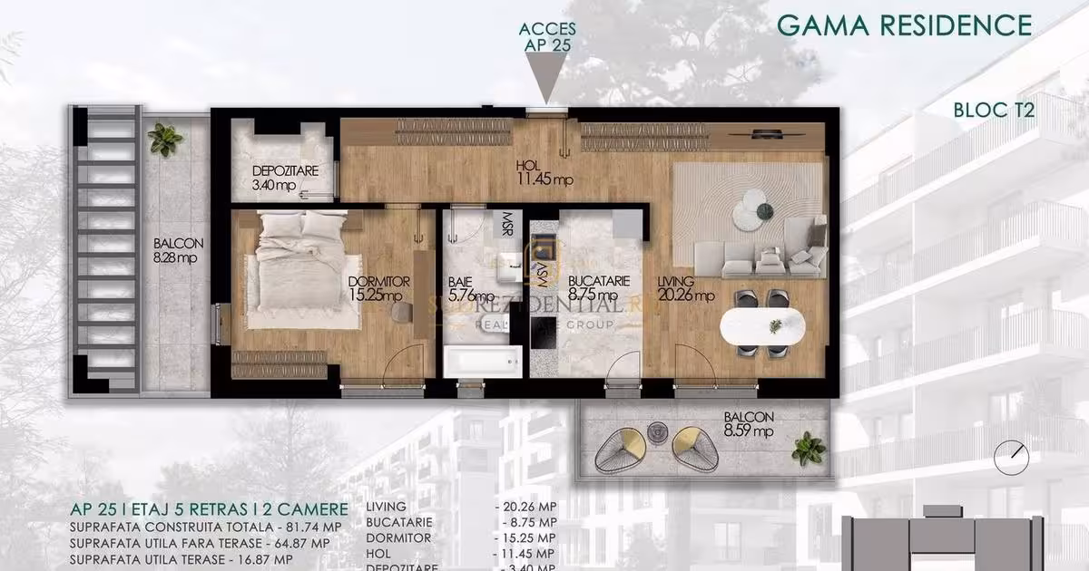 Apartament de vânzare cu 2 camere în Popești-Leordeni