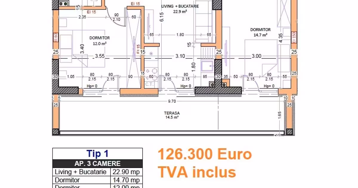 Apartament de vânzare cu 3 camere în Popești-Leordeni