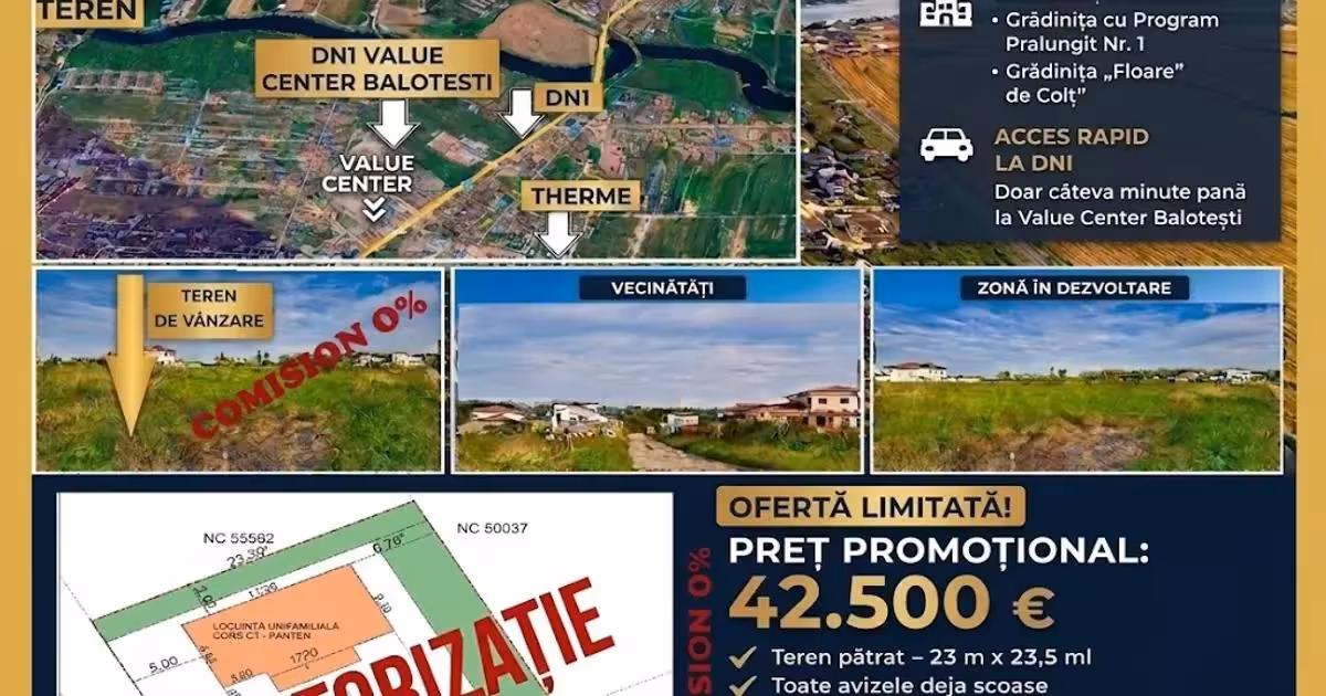 Teren Construcții intravilan de vânzare de 540 mp, în Balotești